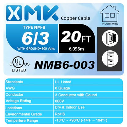 XMK NM-B 6/3 Wire with Ground,20ft 6/3 6AWG Copper Wire 6 Gauge 3 Conductor - size: 20ft, style: 6 AWG-3 Conductor w/ Ground