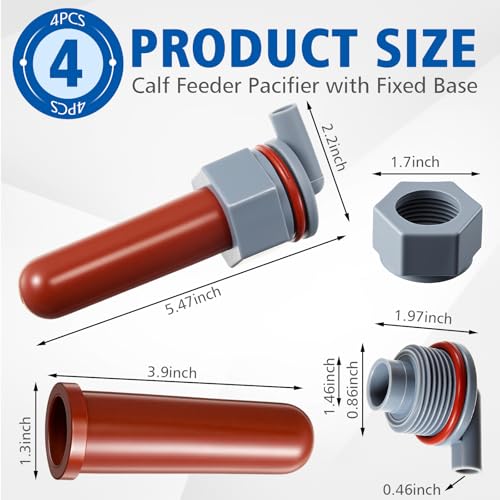 Sawysine 4 Pcs Calf Feeder Pacifier Teats with Fixed Base for Feeding Milk Bucket Soft Rubber Nursing Nipples with Anti-Backflow for Goats Cattle Horses Donkeys Calves Farm Animal Feeding Supplies