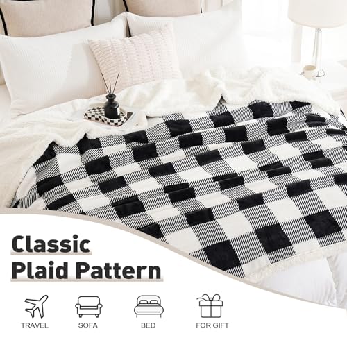 PU MEI Sherpa Fleece Throw Blanket 80" x 90" Reversible Plush Fluffy Large Big Blanket Lattice Flannel Blankets for All Season Use, Black and White - color: Black and White, size: 80"*90"