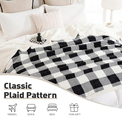 PU MEI Sherpa Fleece Throw Blanket 80" x 90" Reversible Plush Fluffy Large Big Blanket Lattice Flannel Blankets for All Season Use, Black and White - color: Black and White, size: 80"*90"