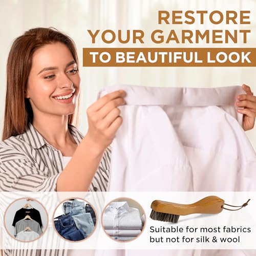Laundry Stain Brush, Soft Natural Horse Hair, Safe on Delicates 2pcs | Clothes Cleaning Scrubber, Stain Remover for Shirts, Collars, Cuffs & Shoes, Curved Beech Wood Handle with Hanging Loop