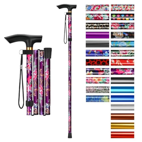 supregear Folding Cane, 5-Level Adjustable Height Walking Stick Lightweight Collapsible Portable Travel Cane with Wrist Strap and T Handle for Elderly Disabled Men Women - color: Purple Floral