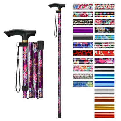 supregear Folding Cane, 5-Level Adjustable Height Walking Stick Lightweight Collapsible Portable Travel Cane with Wrist Strap and T Handle for Elderly Disabled Men Women - color: Purple Floral