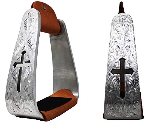 CHALLENGER Horse Saddle Stirrups Western Lightweight Aluminum Engraved Cross Cut-Out 51211 - color: Cross Silver