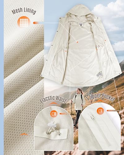 33,000ft Women's Waterproof Rain Jackets Long Rain Coats with Hood - color: Beige, size: Medium