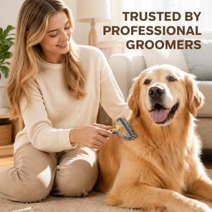 Undercoat Rake for Dogs - Professional Pet Shedding Dematting Comb with Wood Handle, Stainless Steel Blades for Pet Cats Dogs Matted Hair Tangles Removing - style: 2 Sides Dematting Comb