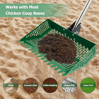 2-in-1 Metal Chicken Coop Pooper Scooper&Rake with 175CM Adjustable Handle | 12inch Green Chicken Litter Scoop for Coop Sand & Pet Farm Animal Waste, Durable Litter Sifting Shovel with Detachable Handle