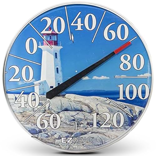 EZREAD Hanging Dial Thermometer 840-1215 Weather Thermometers for Indoor and Outdoor Use, Large 12.5 Inch Diameter, Easy to Read Numbers, Lighthouse - color: Lighthouse