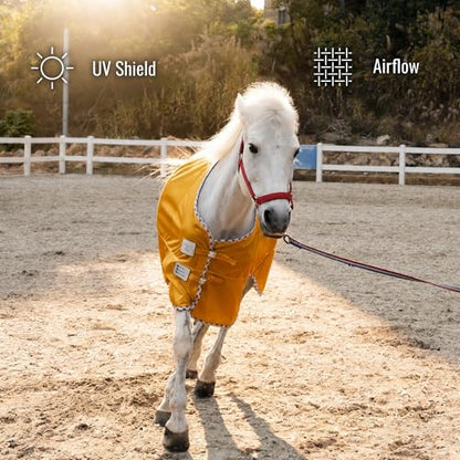 BARN & STABLE Breathable and UV Protective Tear-Resistant Mesh Horse Fly Sheet Comfy Equine Summer Sheet with Removable Web Leg Straps - color: Golden Glow, size: 81 in