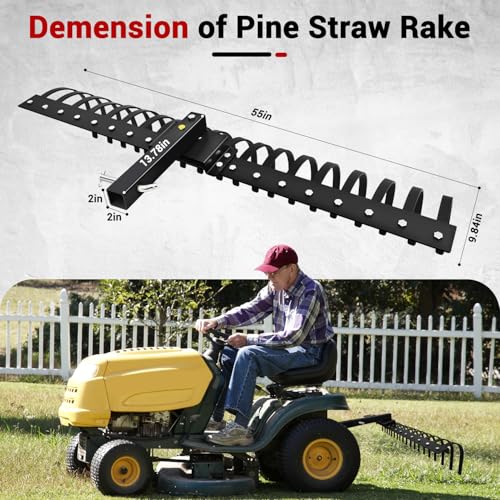 55 Inch Tow Behind Landscape Rake, Black Durable Tractor Rake with 2 Inch Receiver Fit for Lawn Tractor ATV UTV, All Steel Anti-Rust Yard Rake for Pine Needles Leaves Grass Cleanup (55 Inch) - size: 55 Inch