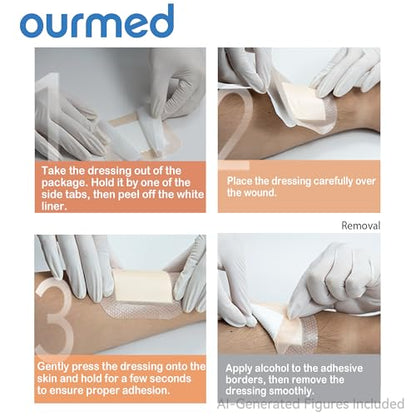 Ourmed Soft Flex Silicone Foam Dressings(6"x 6", Pack of 10) Sterile, Highly Absorbent, Waterproof, Gentle Border, Wound Care for Bed Sores, Pressure Ulcers - size: 6x 6 Inch with border
