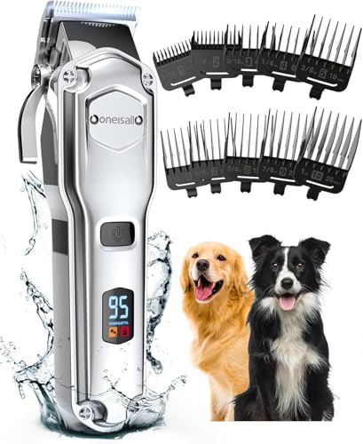 oneisall Dog Clippers for Grooming Thick Heavy Coats | Low Noise,Rechargeable Cordless,Detachable Stainless Steel Blade,IPX7 Waterproof,10 Guide Combs,for Thick/Double/Curly Hair