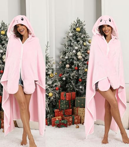 Wearable Blanket Hoodie Animal Fuzzy Blanket Warm Cozy Blanket Hoodie - color: Pink Bunny