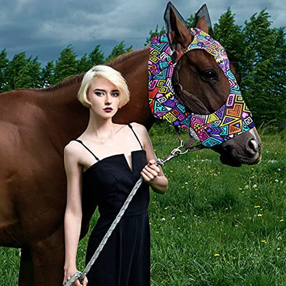 Frienda 4 Pcs Fly Masks with Ears Face Covering UV Protection from Insect Pests Elasticity Smooth Comfortable Mesh Horse Mask Accessories(Geometric,Large) - size: Large