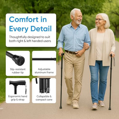 Mars Wellness Folding Cane - Adjustable Walking Cane for Women & Men - Collapsible Walking Stick for Seniors, Travel & Stability - Portable Mobility Aid