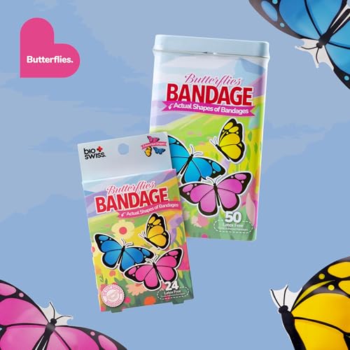 BioSwiss Bandages, Butterfly Shaped Self Adhesive Bandage Set, Latex Free, Sterile Wound Care, 50 Count - color: Butterflies, size: 50-Count Tin