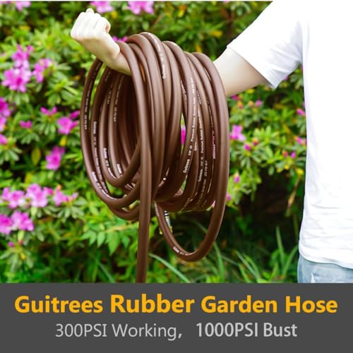 Guitrees Garden Hose 50FT x 3/4", Heavy Duty Rubber Hose, Water Hose with Five Layered Braiding, Male to Female Fittings, 1000PSI Burst, 300PSI Working (Brown) - color: Brown, size: 3/4 50FT Male to Female