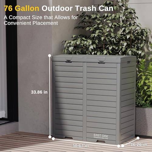 EAST OAK 76 Gallon Outdoor Trash Can, Waterproof Resin Garbage Can with Tiered Lid and Drip Tray, Outside Trash Bin for Patio, Kitchen, Backyard, Deck, Gray - size: Large 76 gallon