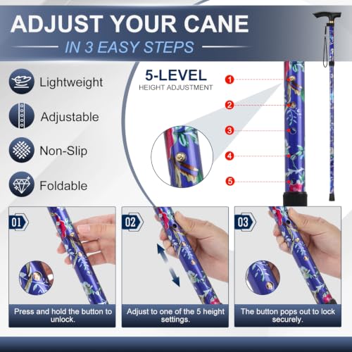 supregear Folding Cane, 5-Level Adjustable Height Walking Stick Lightweight Collapsible Portable Travel Cane with Wrist Strap and T Handle for Elderly Disabled Men Women - color: Dark Blue Floral