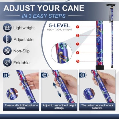 supregear Folding Cane, 5-Level Adjustable Height Walking Stick Lightweight Collapsible Portable Travel Cane with Wrist Strap and T Handle for Elderly Disabled Men Women - color: Dark Blue Floral