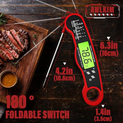 AWLKIM 2 Pack Meat Thermometer Digital, Instant Read Food Thermometer, Red | Waterproof cooking thermometer with doneness chart, backlight, F/C switch for BBQ, candy, oil - color: 2 Pack Red