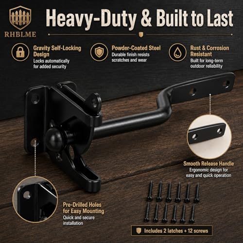 RHBLME 2 Pack Gate Latch for Wooden Fence, Gravity Self Locking Black Door Lock Heavy Duty Wood Metal Door Hardware Kit Stainless Steel Latches Automatic Closing for Outdoor Garden Yard Pool