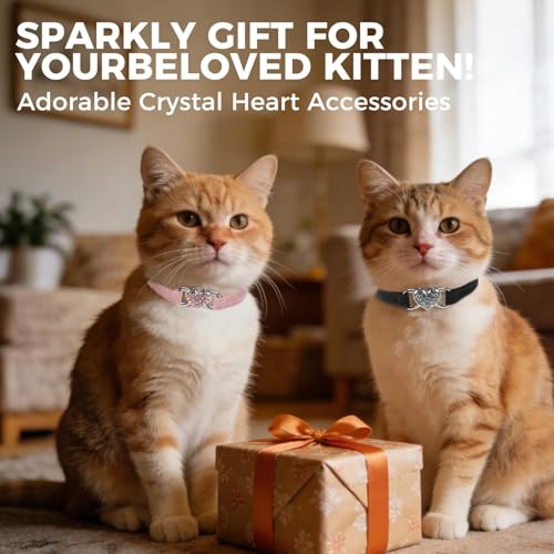 BINGPET Diamond Cat Collar with Bell, Adjustable Kitten Collar, Pink&Black - color: Pink & Black(Heart), size: Neck Girth 8"-10"