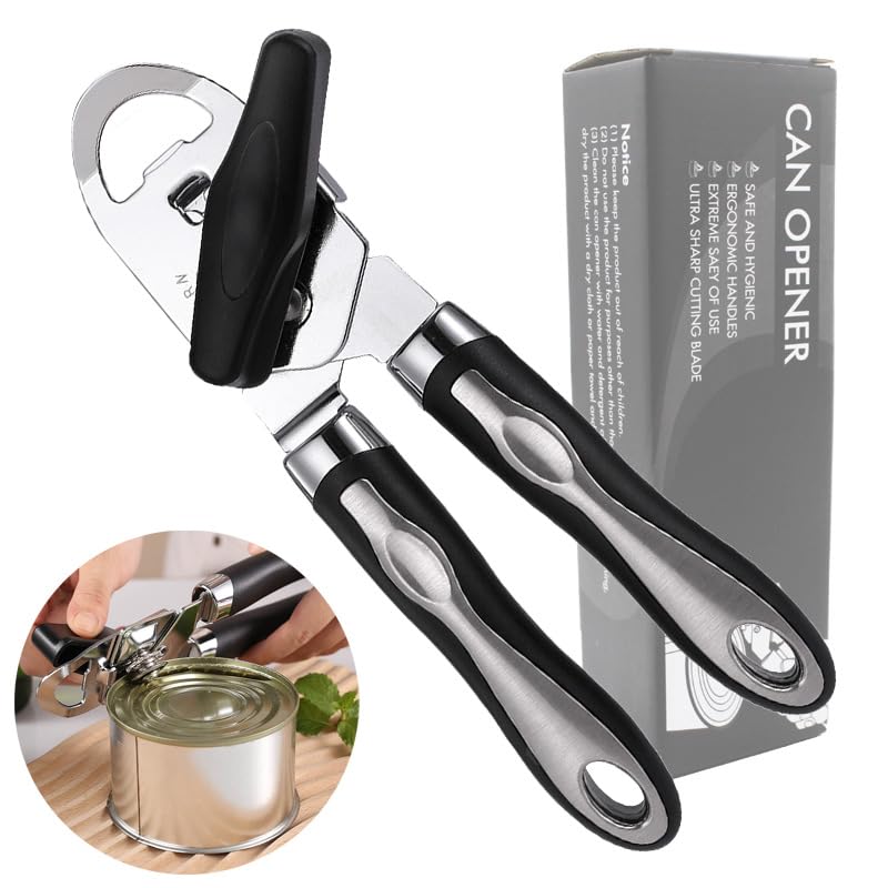 Manual Can Opener, Effortless Operation, Remove Lid with Magnet, 3 in 1 Bottle Opener & Milk Powder Opener, Soft Grip Handles, Easy to Turn, Heavy Duty Can Openers for Seniors - Black