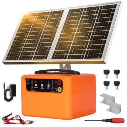 30 Miles/48km Solar Electric Fence Charger 0.3J-1.5J Adjustable, 24hours 15W Solar Powered Fencer with 6KV to 12KV Output,Battery Level LCD Display,All-Weather Kit for Livestock,Deer,Farm,Garden