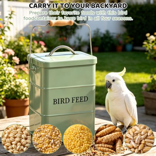 Bird Seed Storage Container, Airtight Metal Bird Food Canister Holds 5-6 LBS Wild Bird Feed, Bright Yellow Bird Feed Tin with Wooden Handle & Measuring Scoop, Dry Pet Snack & Grain Storage Bin - color: Green