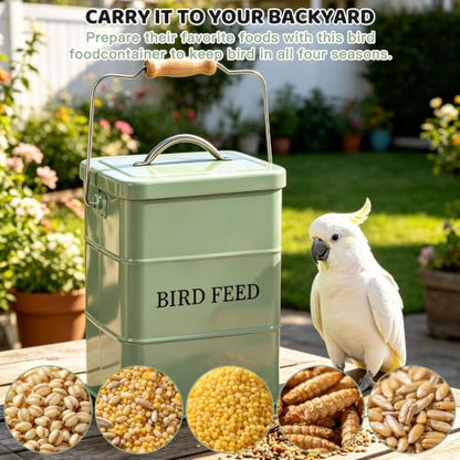 Bird Seed Storage Container, Airtight Metal Bird Food Canister Holds 5-6 LBS Wild Bird Feed, Bright Yellow Bird Feed Tin with Wooden Handle & Measuring Scoop, Dry Pet Snack & Grain Storage Bin - color: Green
