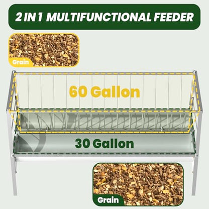 62'' Long Goat Feeder with 26'' Wide Tray, 90 Gallon Heavy Duty Alloy Steel Goat Hay Feeder for Goats Sheep Lambs Horses Farms Sheds, Ease of Assembly, Rust-Proof, Detachable Grain Tray - style: Alloy Steel