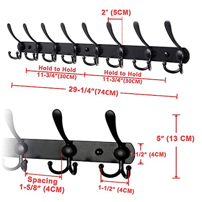 Dseap Coat Rack Wall Mount - 29.5” Long 8-Tri-Hooks Heavy Duty Coat Hanger Rail Wall Hooks for Hanging Coats Hats Clothing Clothes Purse Mudroom Entryway, Black - color: Black, size: L=29.5” (1 Pcs)