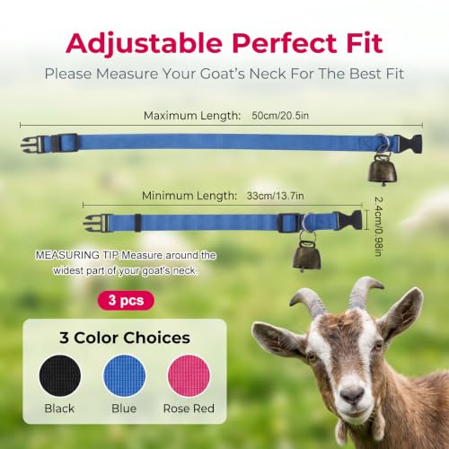 3 Pack Goat Collars with Bells Anti-Lost Adjustable Collar Set | Nylon Webbing 13.7-20.5 Inch Collar Durable Small Farm Animals Accessories Tracking for Animal Farm Sheep Cow