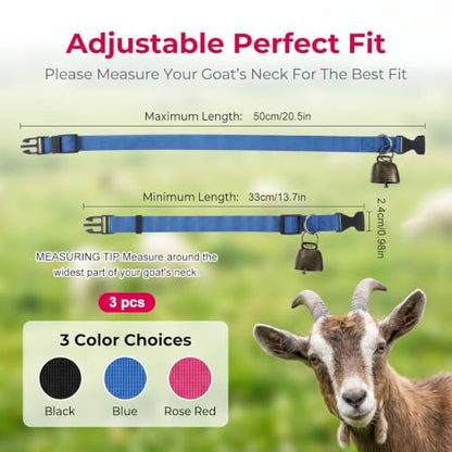 3 Pack Goat Collars with Bells Anti-Lost Adjustable Collar Set | Nylon Webbing 13.7-20.5 Inch Collar Durable Small Farm Animals Accessories Tracking for Animal Farm Sheep Cow