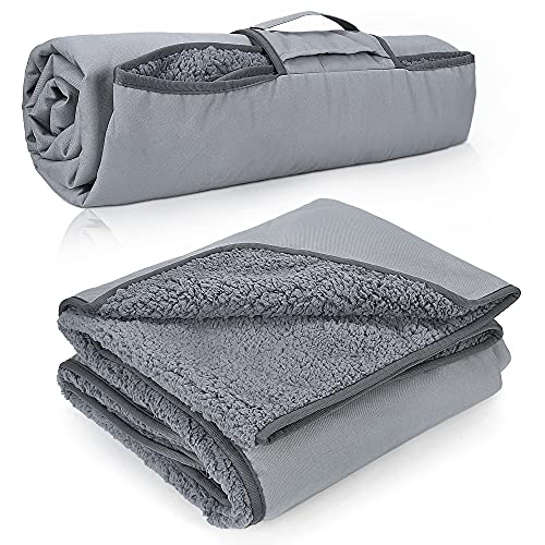 Tirrinia Waterproof Outdoor Blanket with Sherpa Lining, Windproof Foldable - color: Sliver/Grey, size: 66” x 90”