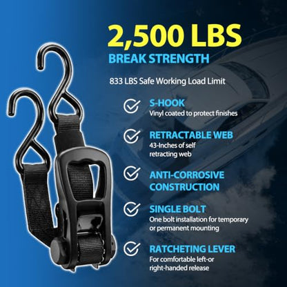 Retractable Transom Boat Tie Down Straps Boat Trailer Tie Down Strap 1x43-Inch, 2500lbs Break Strength with Quick Release Lock (Retractable) - style: Retractable