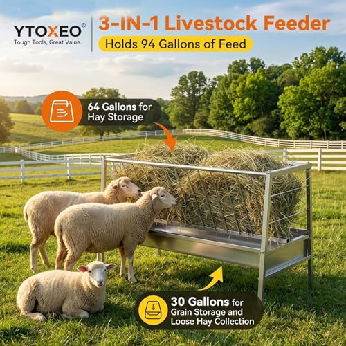Goat Hay Feeder with Grain Water Pan, 94-Gallon Capacity|Stainless Steel Frame|Safe Rounded Edges, 63" Long Livestock Hay Rack for Goats, Sheep, Cow, Horse