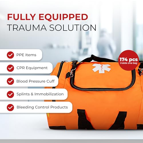 Large EMT Trauma Bag – Fully Stocked First Aid Kit with Tourniquet, Gauze, CPR Mask, Trauma Shears & Emergency Medical Supplies – Orange