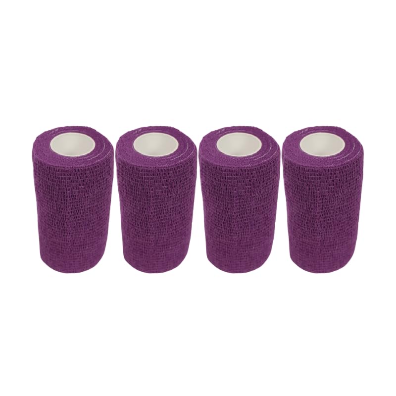 4" Cohesive Flexible Bandage Wrap – Purple - Pack of 4 | Self-Adherent Vet Tape for Animal Wound Care, Wrapping, and Support – Non-Slip, Breathable, Flexible Bandage for Livestock - color: Purple