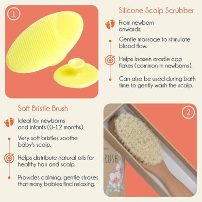 Little Tinkers World Wooden Baby Hair Brush and Comb Set, 4-Piece | Natural Wooden Set with Soft Goat Hair Bristle Brush, Beech Wood Massage Brush, Maple Wood Comb & Soft Silicone Scalp Brush