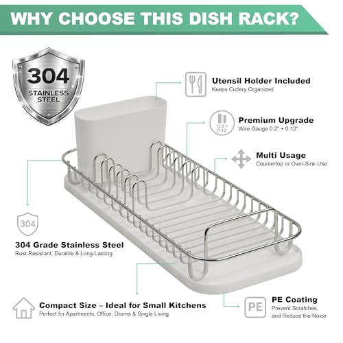 SunnyPoint 304 Stainless Steel NeverRust Compact Dish Drying Rack with Utensil Holder & Removable Drain Tray, Rustproof Small Dish Rack for Kitchen Countertop or Over Sink (Metallic Silver, Compact) - color: Metallic Silver