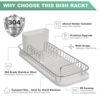 SunnyPoint 304 Stainless Steel NeverRust Compact Dish Drying Rack with Utensil Holder & Removable Drain Tray, Rustproof Small Dish Rack for Kitchen Countertop or Over Sink (Metallic Silver, Compact) - color: Metallic Silver