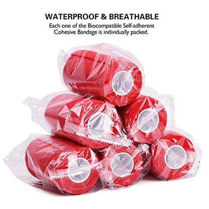 TOBWOLF 12PCS Self Adhesive Bandage, 4" x5yd / 10cmx4.5m Elastic Cohesive Bandage Wrap, Breathable Sports Tape, Medical Sport Wrap for Wrist, Ankle, Knee, Leg, Sprains & Swelling - Red - color: Red