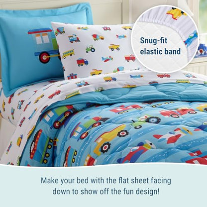 Wildkin Twin Sheet Set – Soft Microfiber, Fitted & Top Sheet, Pillowcase - Trains, Planes, and Trucks - color: Trains, Planes, and Trucks