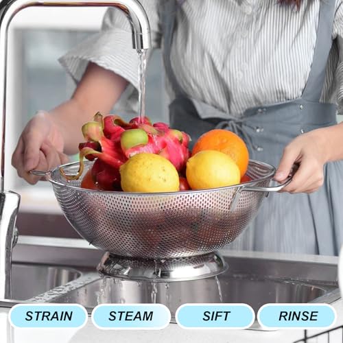 304 Stainless Steel Colander, Micro-Perforated 5-Quart Strainer with Base, Dishwasher Safe. Great for Pasta, Noodles, Vegetables & Fruits - size: 5QT