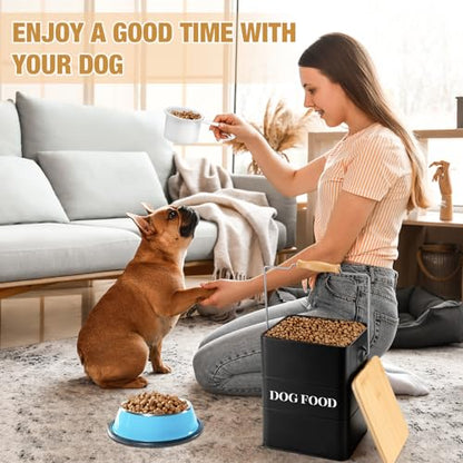 Tioncy 2 Pcs Metal Dog Food Storage Containers Total 10-14 Lbs (50 Cup) Capacity, Airtight Pet Food Canister with Bamboo Lids Scoop DIY Labels Dog Treat Storage Jars for Kitchen Counter(Black，white) - color: Black+White