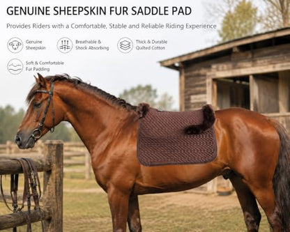 Woolous Dressage Saddle Pad, English Saddle Pad with Sheepskin Trim, Lambskin Wool Fleece Lining, Square Saddle Pad for Equestrian Riding, Comfortable & Shock Absorbing - color: Brown