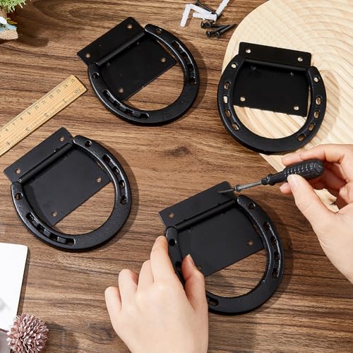 SUPERFINDINGS 4Pc Horse Tie Ring Iron Horse Tack and Supplies Black Tack Barn Stable Supplies for Horse Horseshoe Cross Ties Down with Expansion Bolts for Stall Trailer Barn