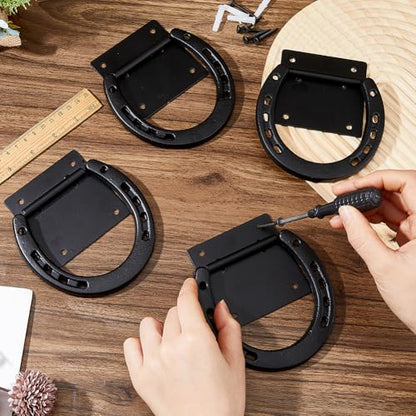 SUPERFINDINGS 4Pc Horse Tie Ring Iron Horse Tack and Supplies Black Tack Barn Stable Supplies for Horse Horseshoe Cross Ties Down with Expansion Bolts for Stall Trailer Barn